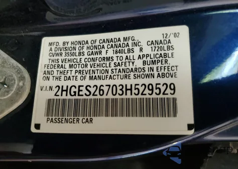 2003 Honda Civic Ex from USA, damaged, VIN 2HGES26703H529529